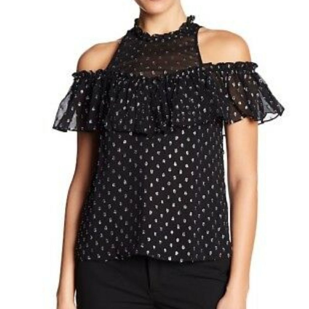 Rebecca Taylor Women's Open Cold Shoulder Metallic Print Clipped Top Siz…